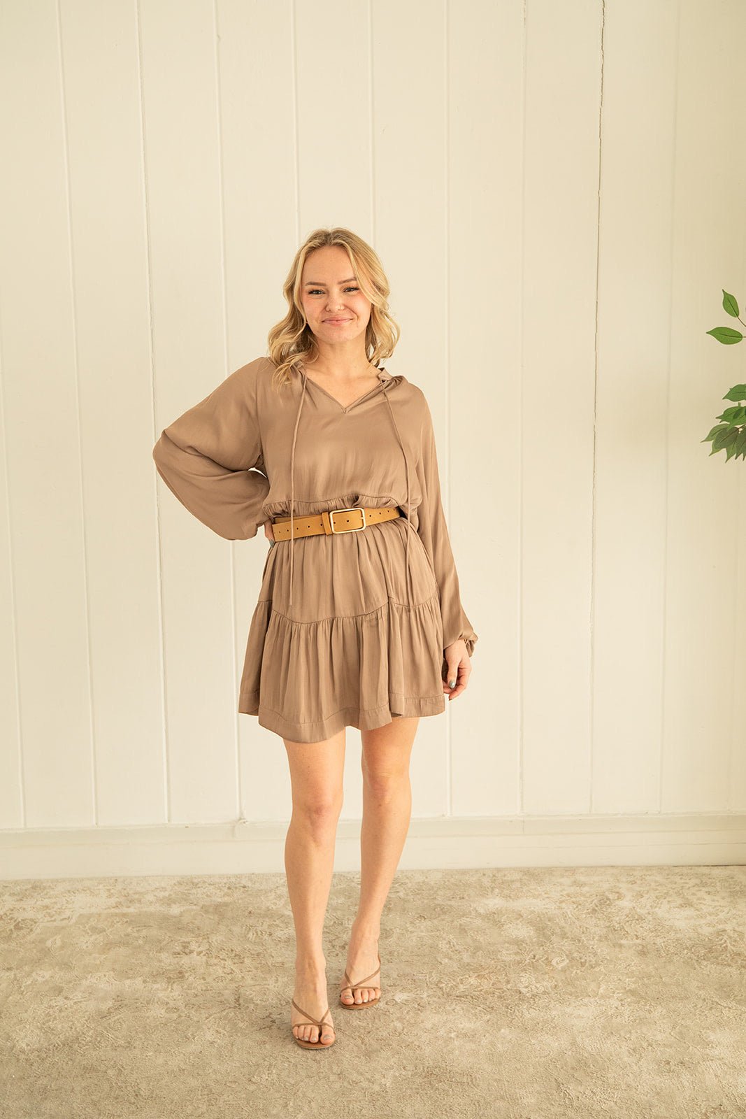 Heather Satin Dress - Mocha - Jaffi's