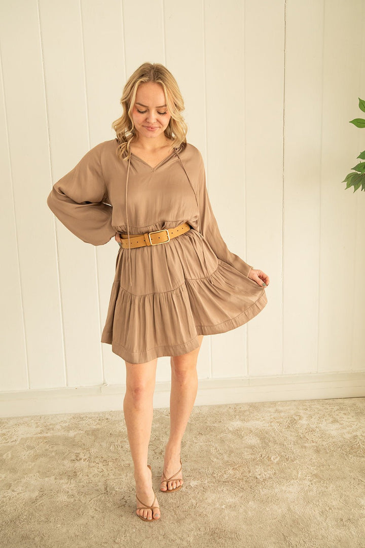 Heather Satin Dress - Mocha - Jaffi's