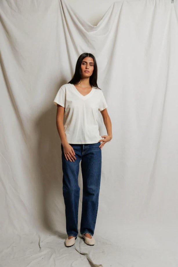 Hendrix Boxy V Neck Tee - Bright Ivory - Jaffi's