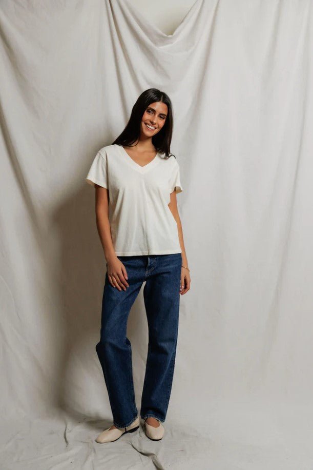 Hendrix Boxy V Neck Tee - Bright Ivory - Jaffi's