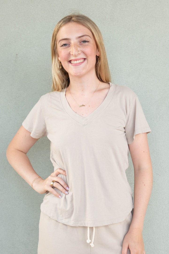 Hendrix Boxy V Neck Tee - Driftwood - Jaffi's
