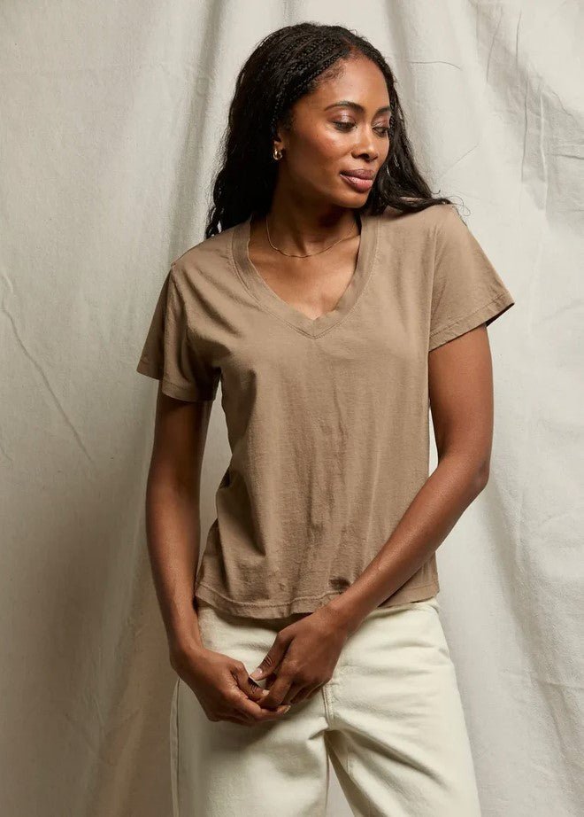 Hendrix Boxy V Neck Tee - Mocha - Jaffi's
