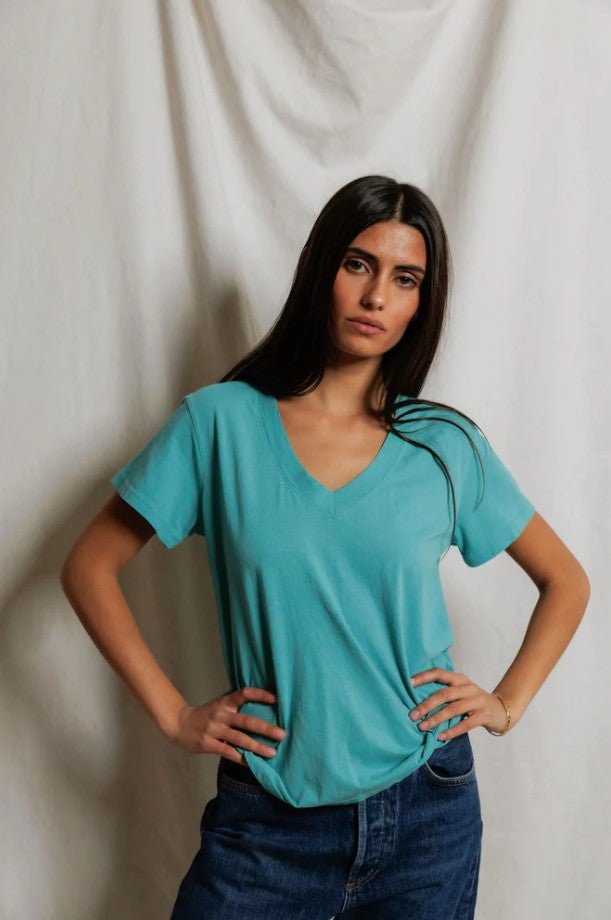 Hendrix Boxy V Neck Tee - Teal Blue - Jaffi's