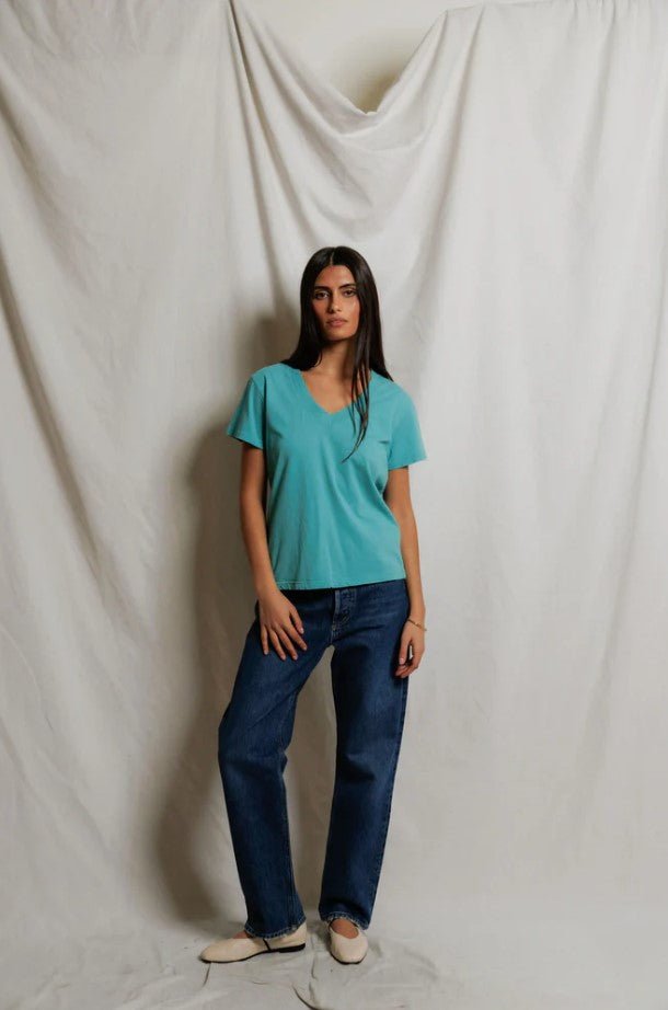 Hendrix Boxy V Neck Tee - Teal Blue - Jaffi's
