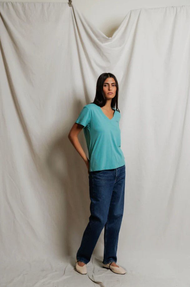 Hendrix Boxy V Neck Tee - Teal Blue - Jaffi's