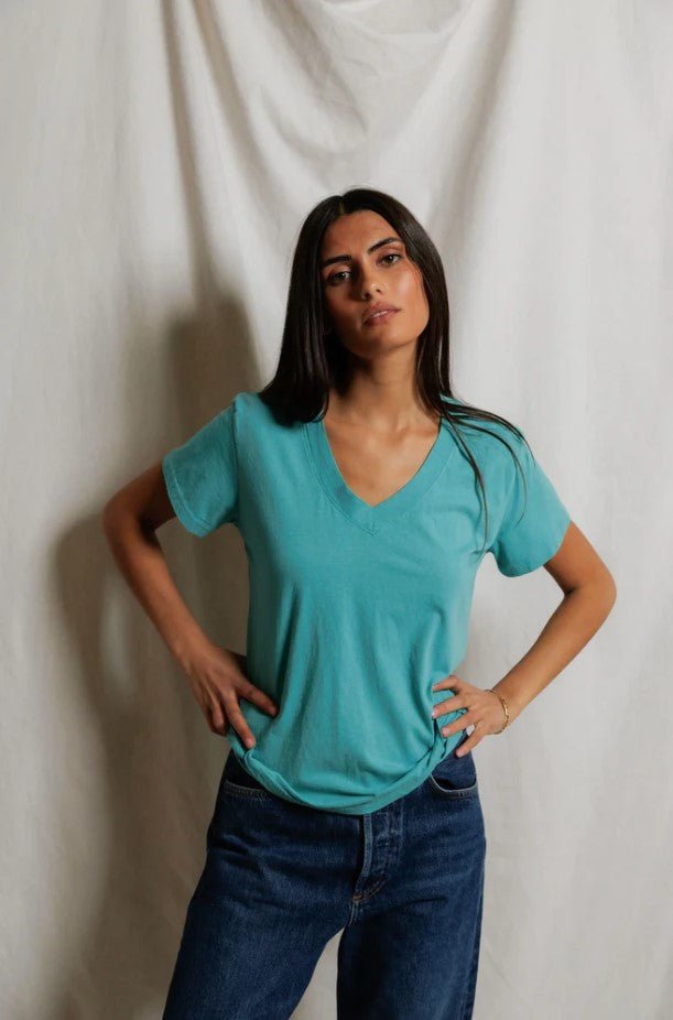 Hendrix Boxy V Neck Tee - Teal Blue - Jaffi's