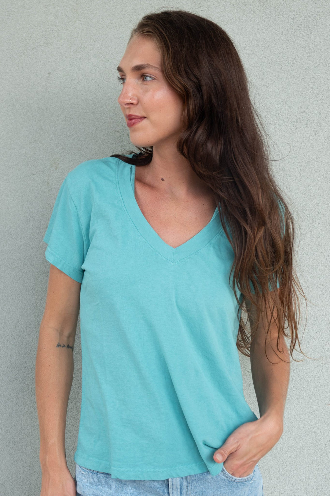 Hendrix Boxy V Neck Tee - Teal Blue - Jaffi's