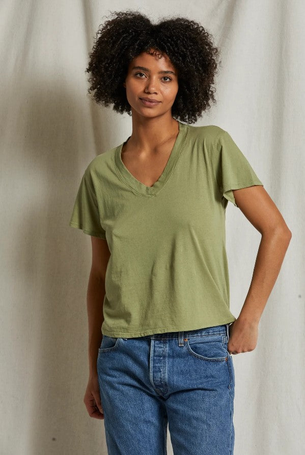 Hendrix Boxy V Neck Tee - Oil Green