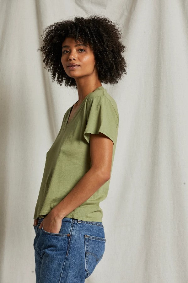 Hendrix Boxy V Neck Tee - Oil Green