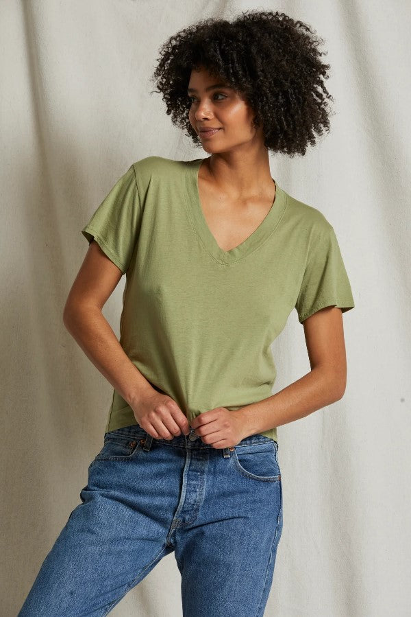 Hendrix Boxy V Neck Tee - Oil Green