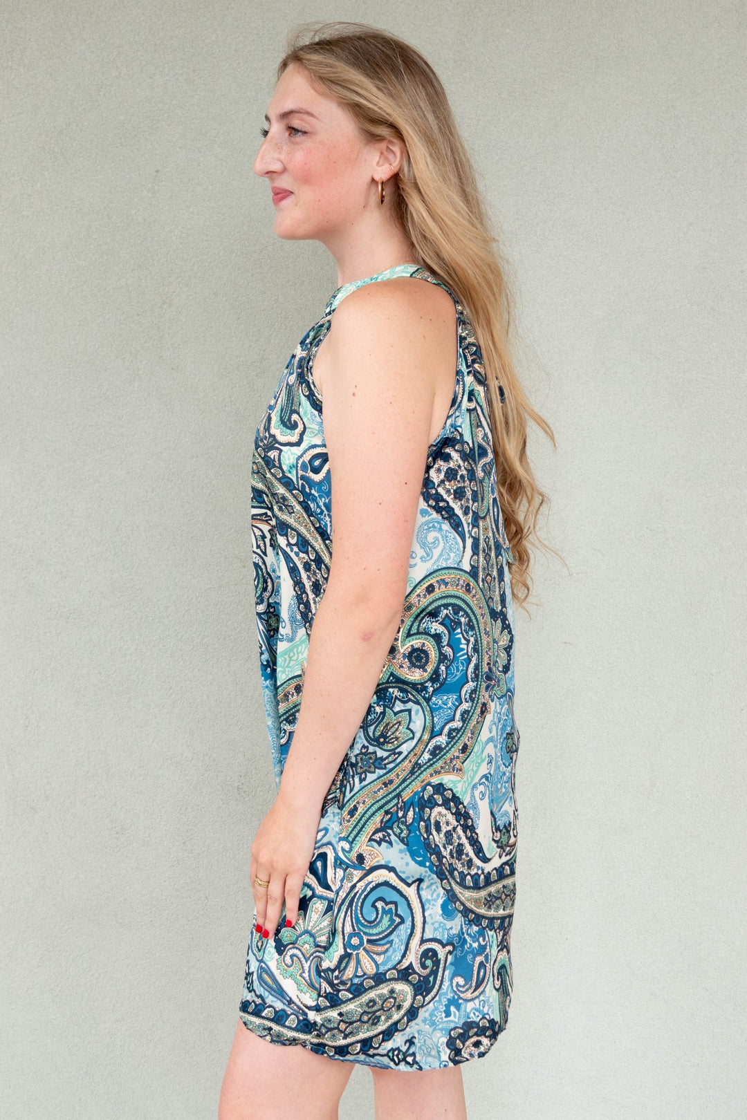 High Neck Swing Mini Dress - Blue/Green Paisley - Jaffi's