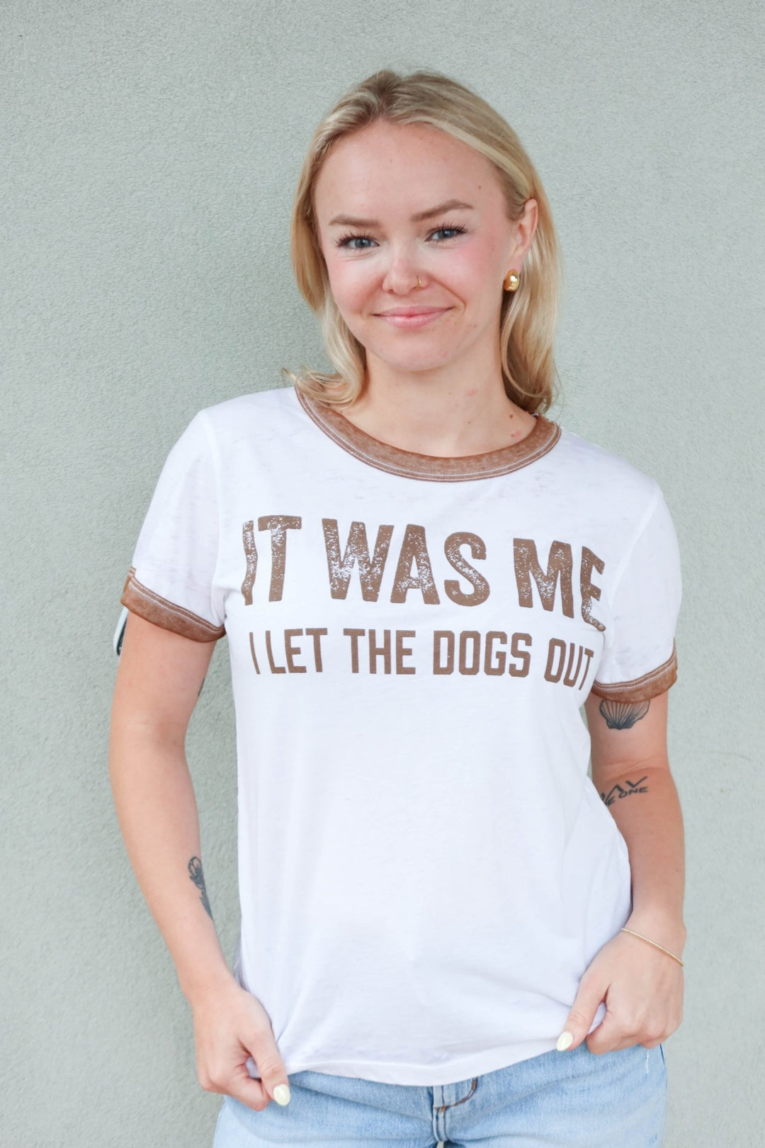 I Let The Dogs Out Ringer Tee - White - Jaffi's