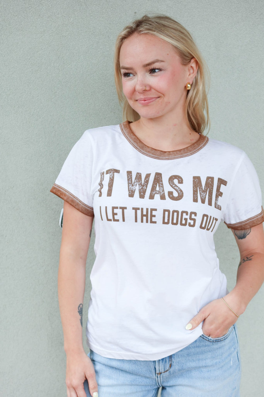 I Let The Dogs Out Ringer Tee - White - Jaffi's