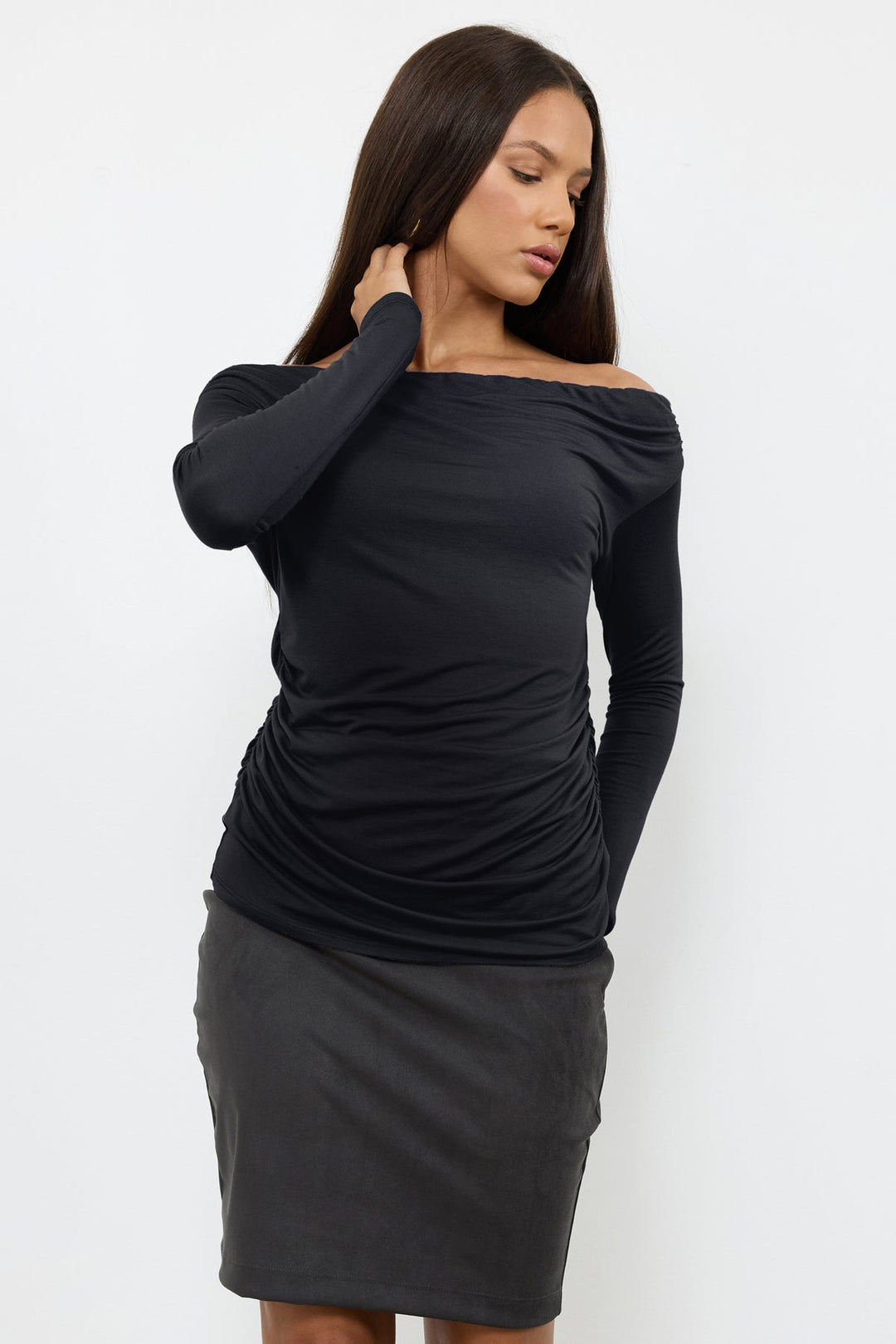 Ivy Off the Shoulder Shirred Side Top - Black - Jaffi's