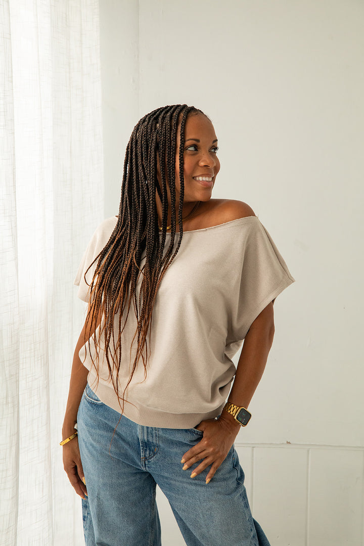 French Terry Off The Shoulder Sweatshirt - Light Taupe