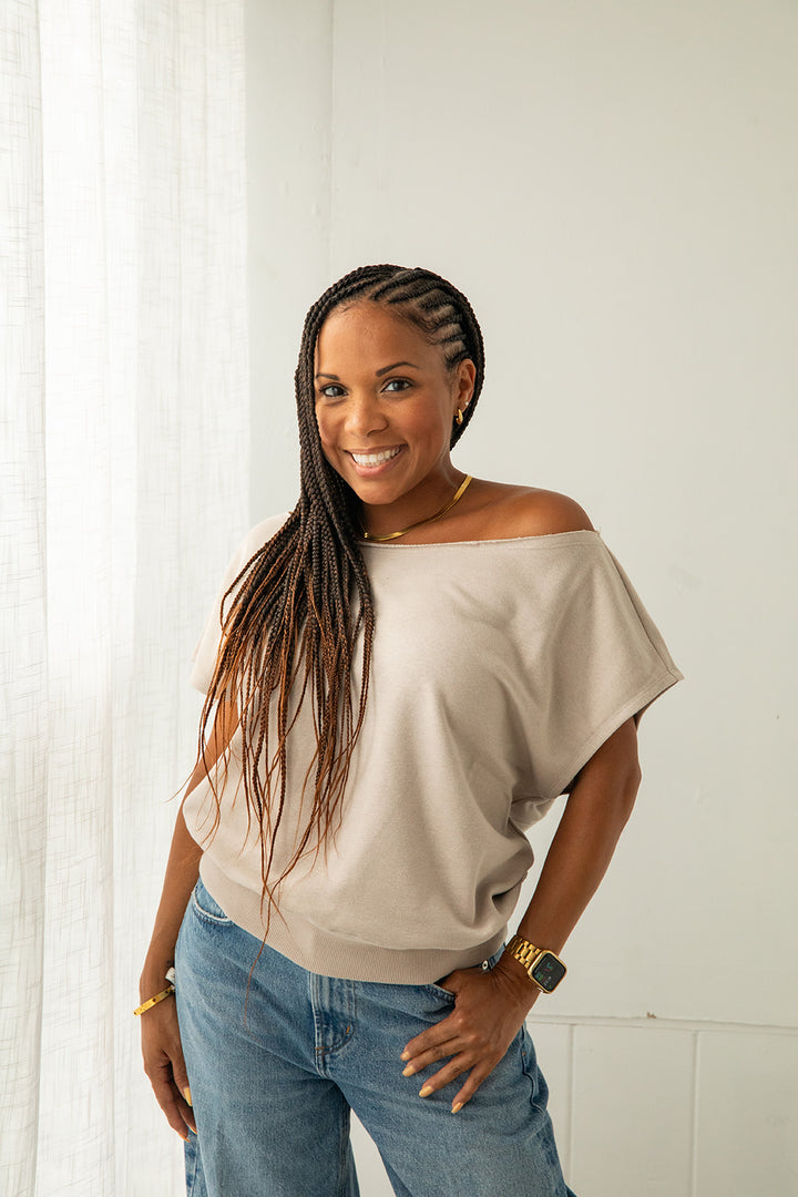 French Terry Off The Shoulder Sweatshirt - Light Taupe
