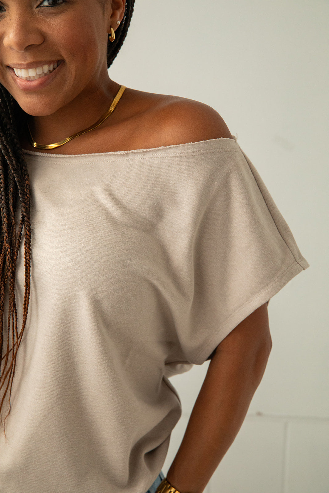 French Terry Off The Shoulder Sweatshirt - Light Taupe