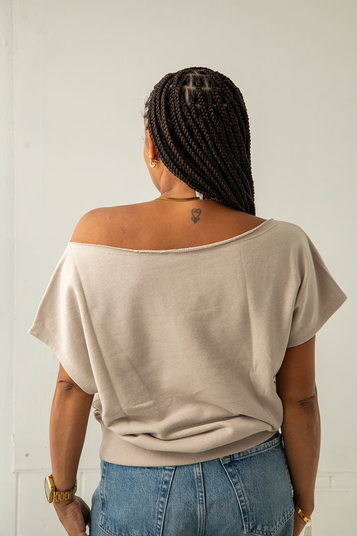 French Terry Off The Shoulder Sweatshirt - Light Taupe