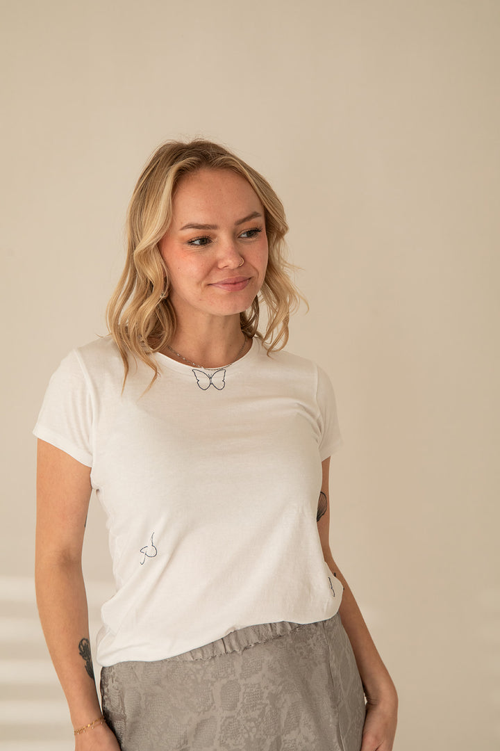 Embroidered Butterfly Tee - White