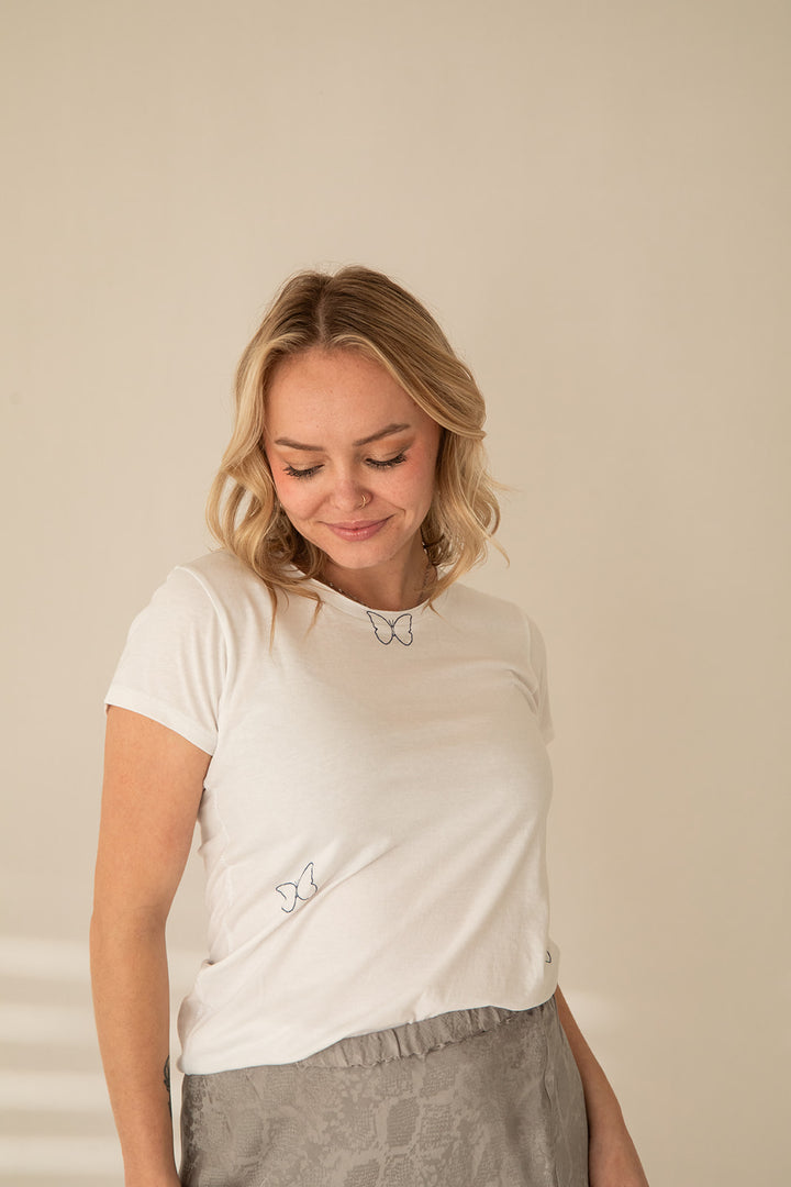 Embroidered Butterfly Tee - White