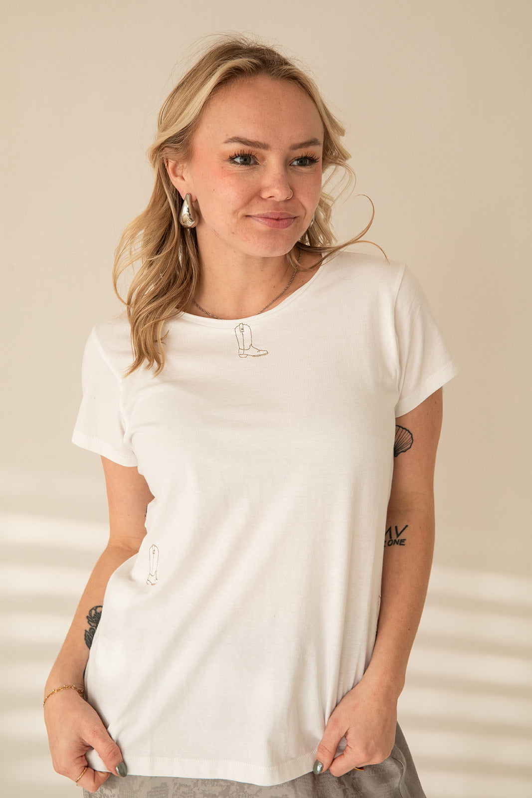 Embroidered Boot Tee - White