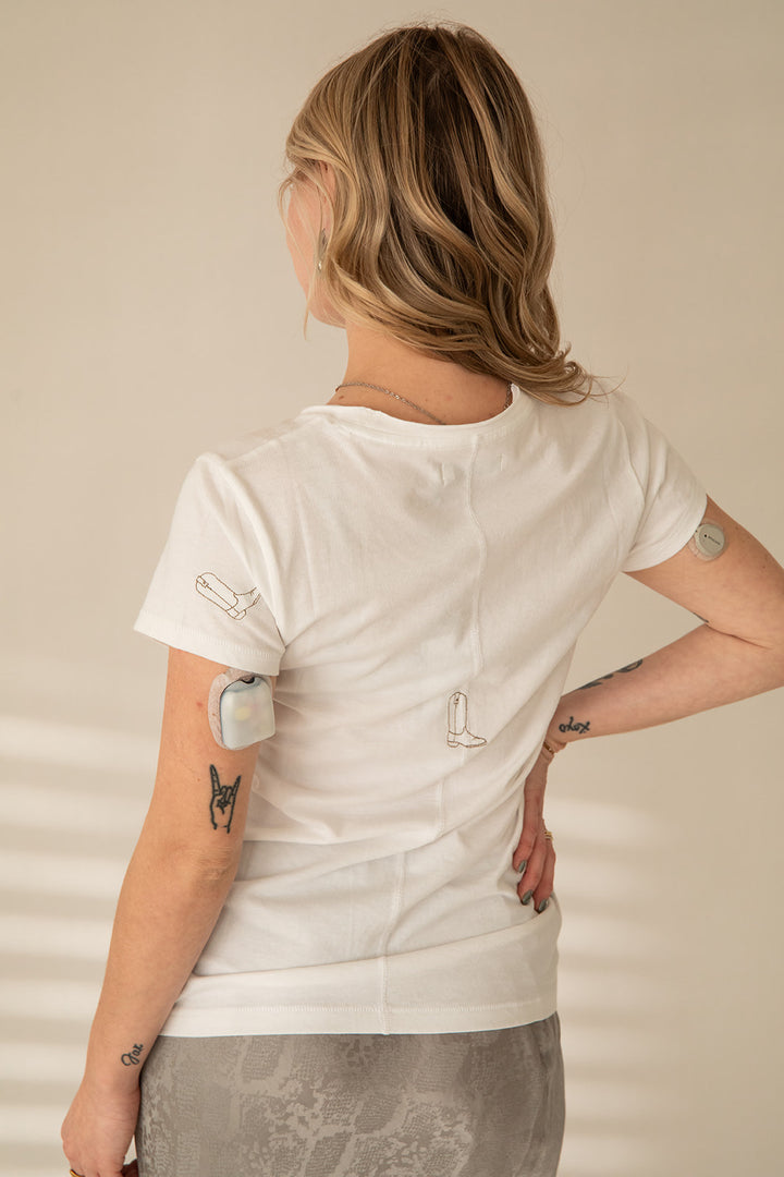 Embroidered Boot Tee - White