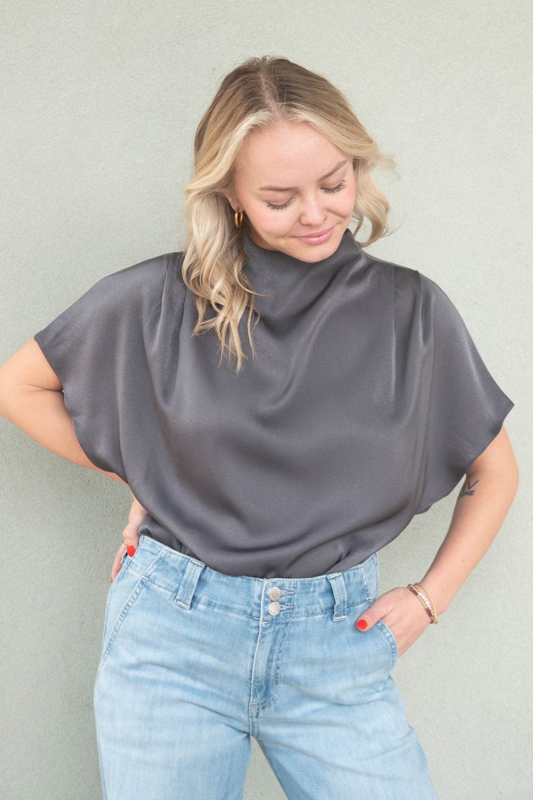 Jeannie Mock Neck Blouse - Charcoal - Jaffi's