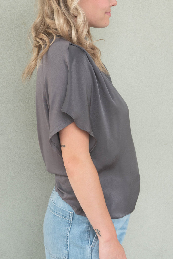Jeannie Mock Neck Blouse - Charcoal - Jaffi's