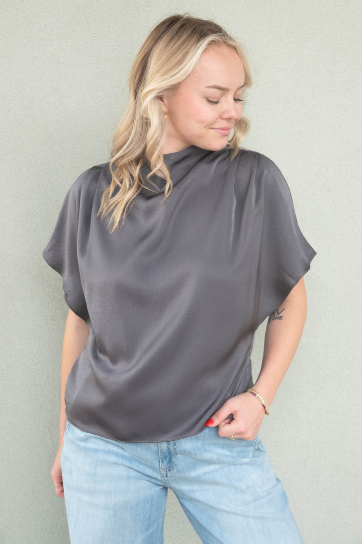 Jeannie Mock Neck Blouse - Charcoal - Jaffi's
