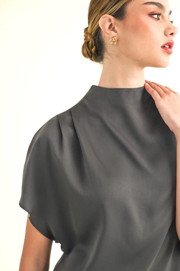 Jeannie Mock Neck Blouse - Charcoal - Jaffi's