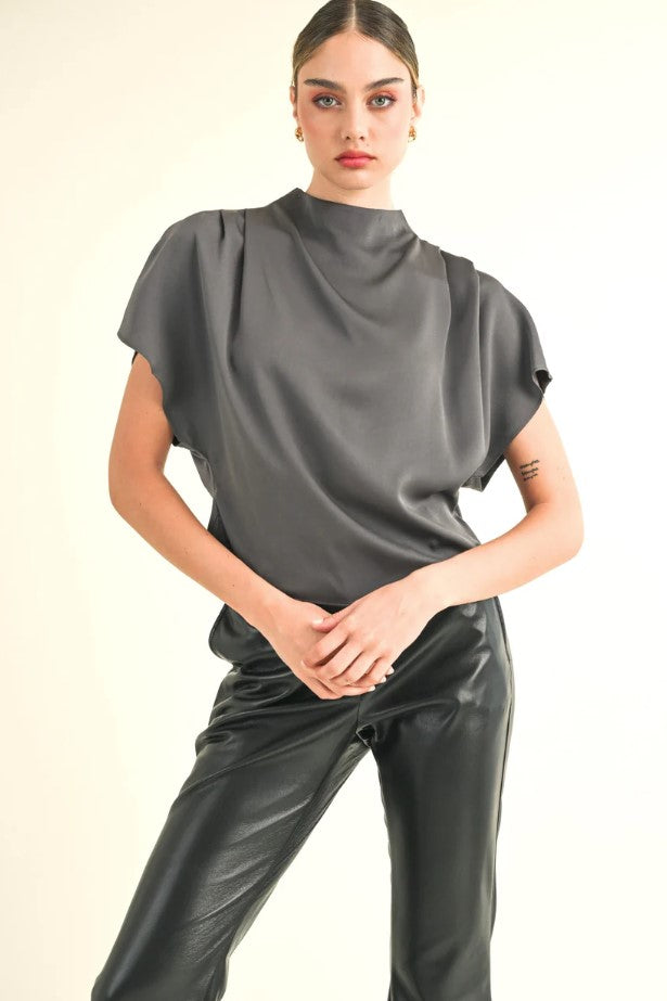 Jeannie Mock Neck Blouse - Charcoal