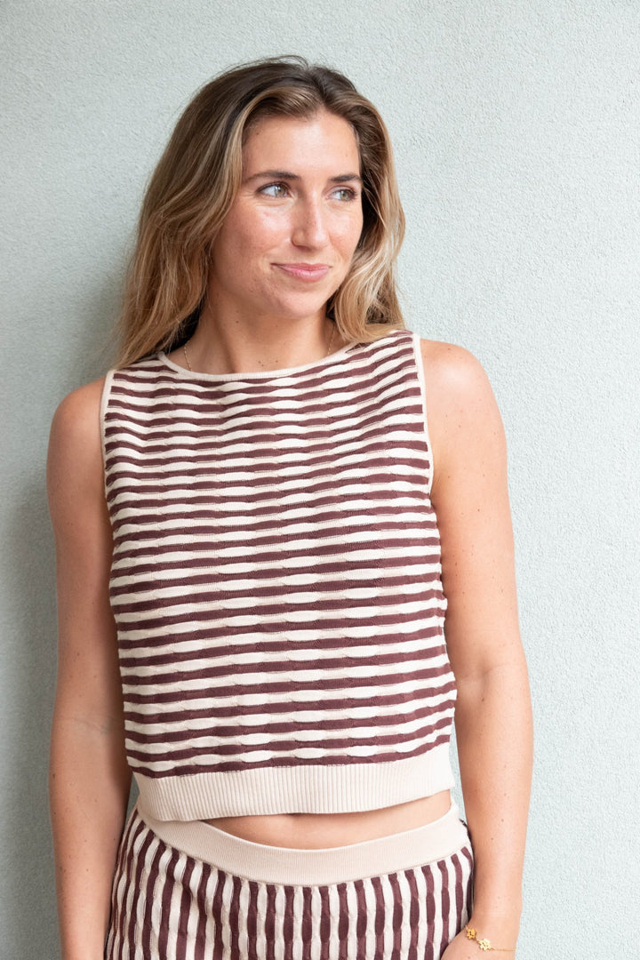 Julie Boatneck Knit Top - Brown/Cream - Jaffi's