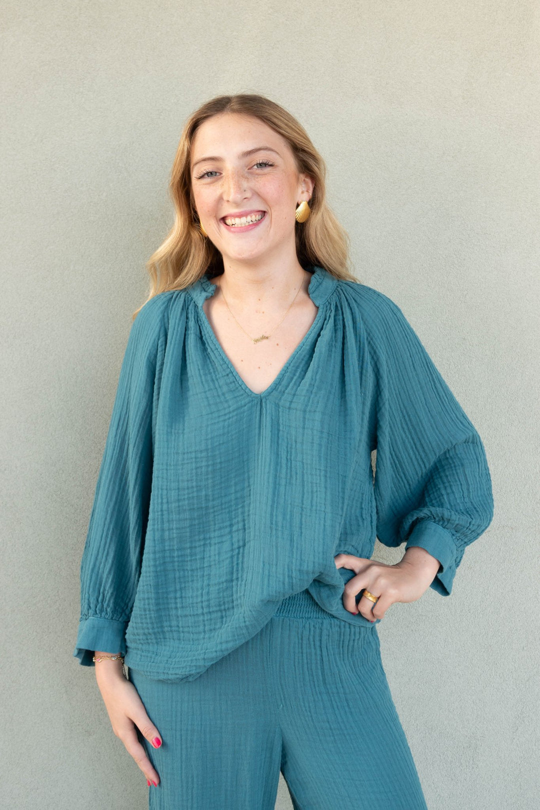 Kali Gauze 3/4 Sleeve Ruffle Neck Top - Glaze - Jaffi's