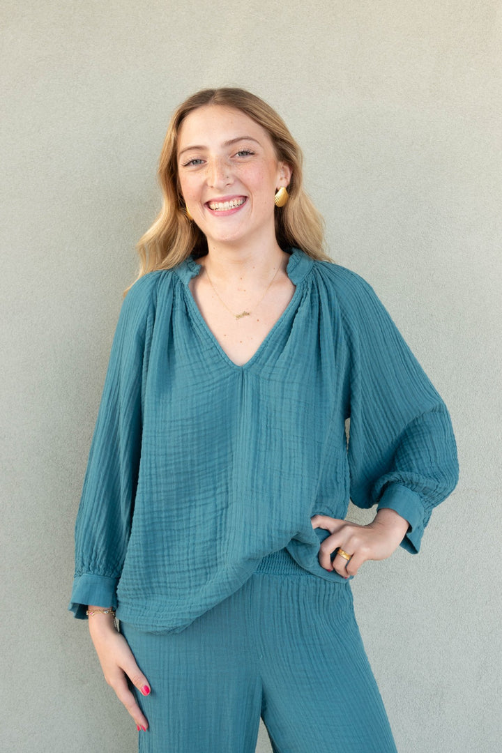Kali Gauze 3/4 Sleeve Ruffle Neck Top - Glaze - Jaffi's