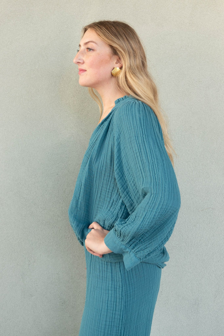 Kali Gauze 3/4 Sleeve Ruffle Neck Top - Glaze - Jaffi's