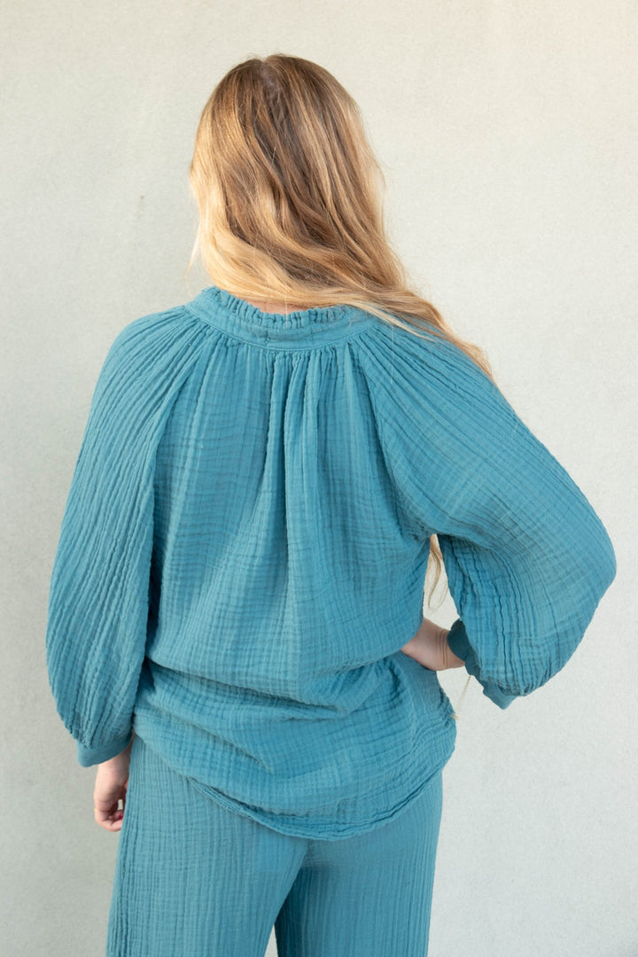 Kali Gauze 3/4 Sleeve Ruffle Neck Top - Glaze - Jaffi's