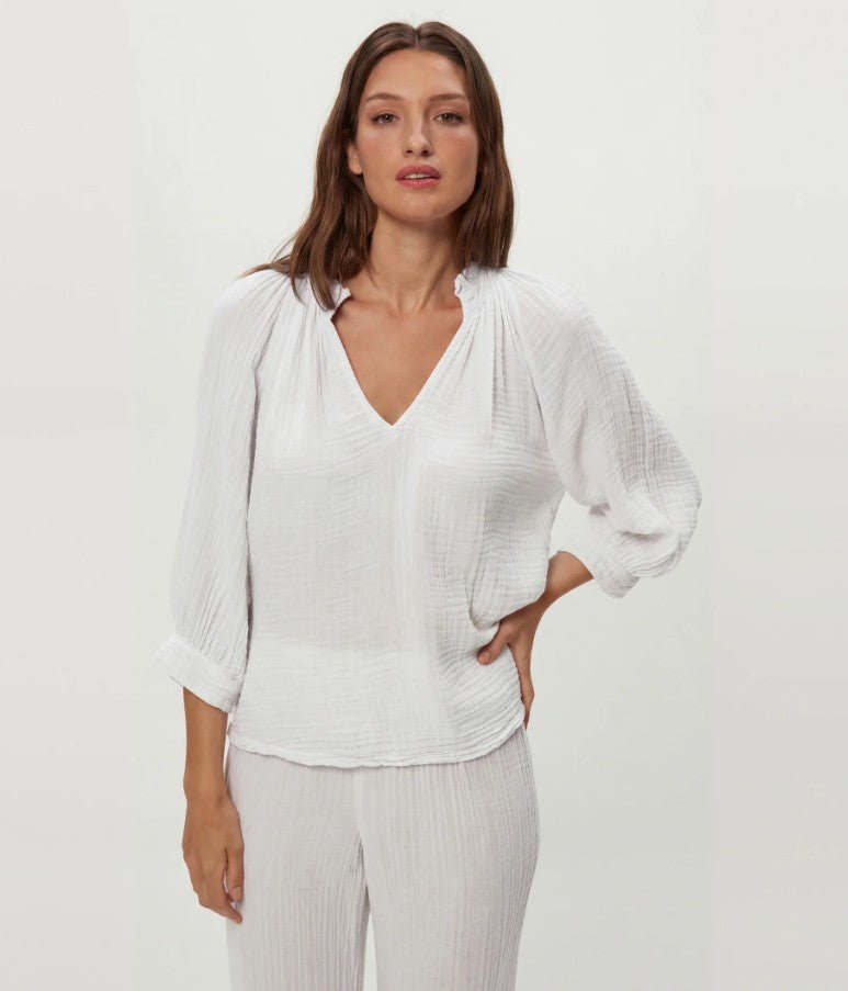 Kali Gauze 3/4 Sleeve Ruffle Neck Top - White - Jaffi's