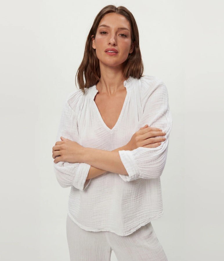 Kali Gauze 3/4 Sleeve Ruffle Neck Top - White - Jaffi's