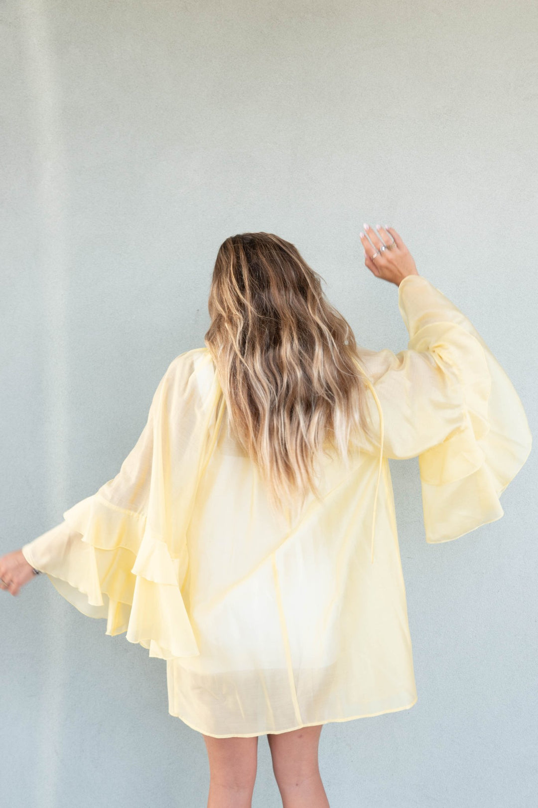 Kos Long Flutter Sleeve Mini Dress - Lemon - Jaffi's