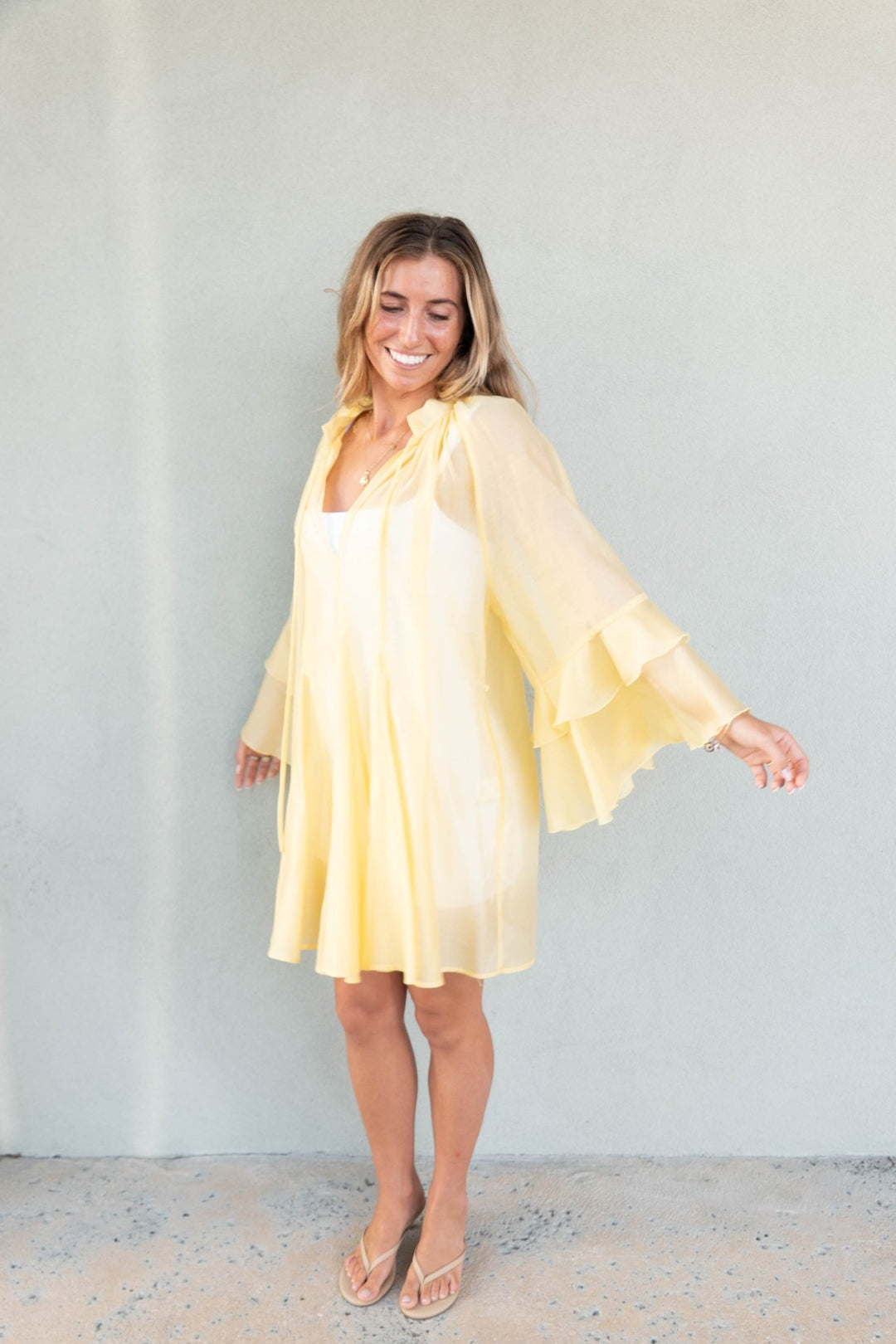 Kos Long Flutter Sleeve Mini Dress - Lemon - Jaffi's