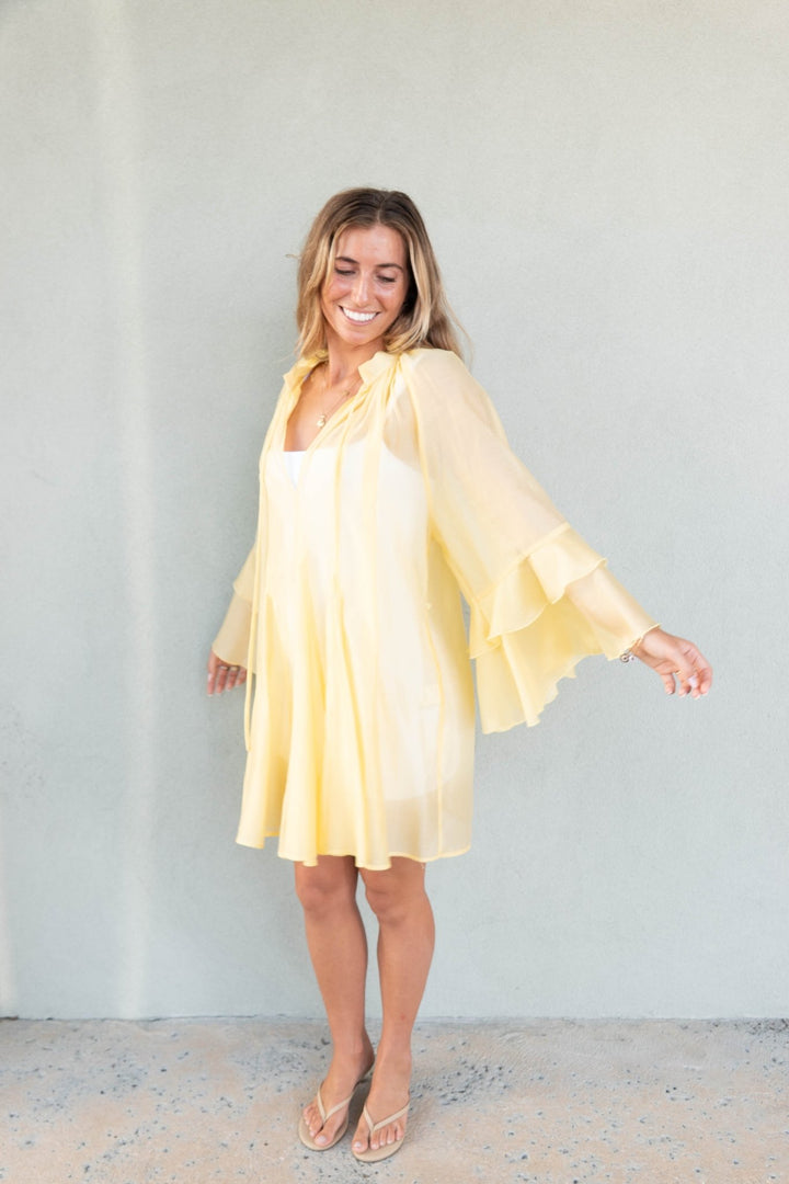 Kos Long Flutter Sleeve Mini Dress - Lemon - Jaffi's