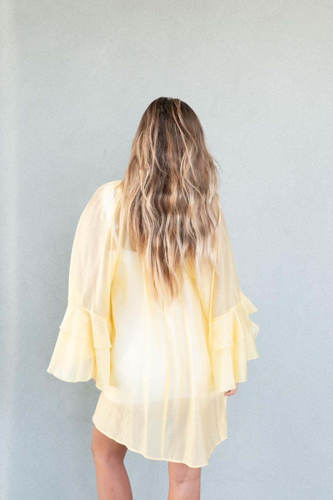 Kos Long Flutter Sleeve Mini Dress - Lemon - Jaffi's