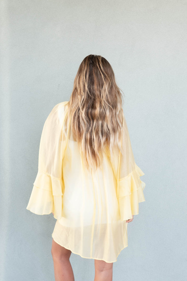 Kos Long Flutter Sleeve Mini Dress - Lemon - Jaffi's