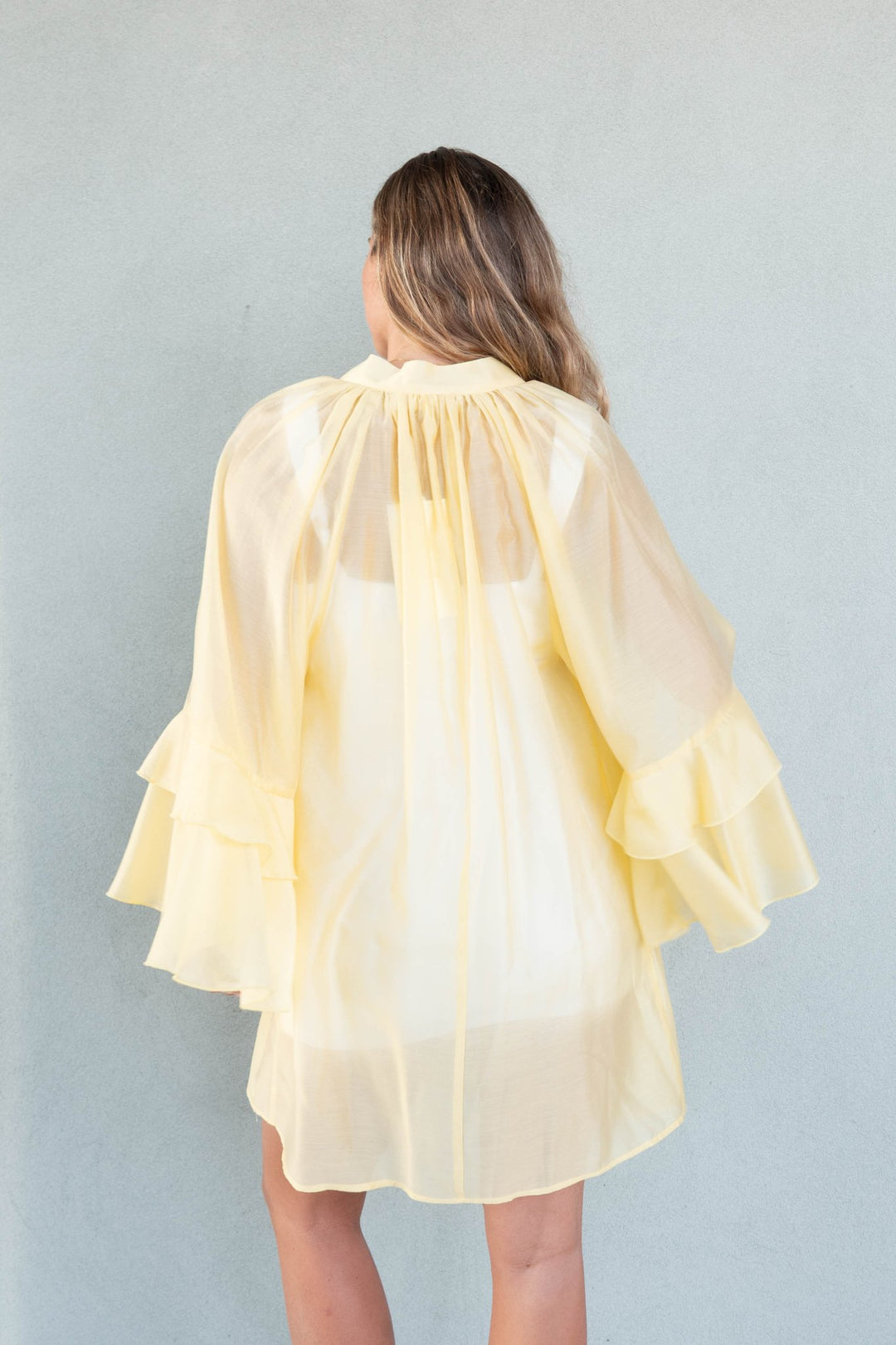 Kos Long Flutter Sleeve Mini Dress - Lemon - Jaffi's
