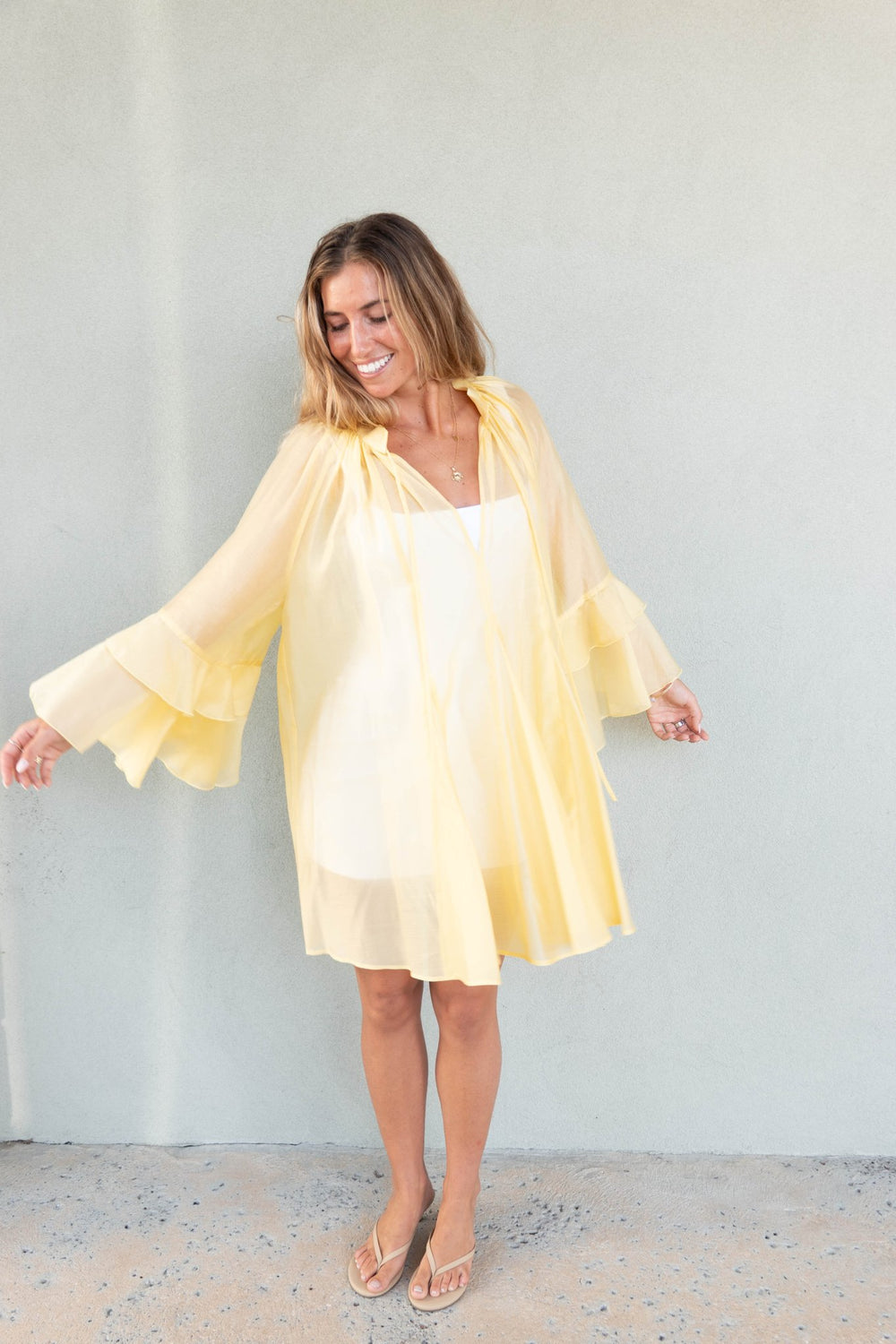 Kos Long Flutter Sleeve Mini Dress - Lemon - Jaffi's