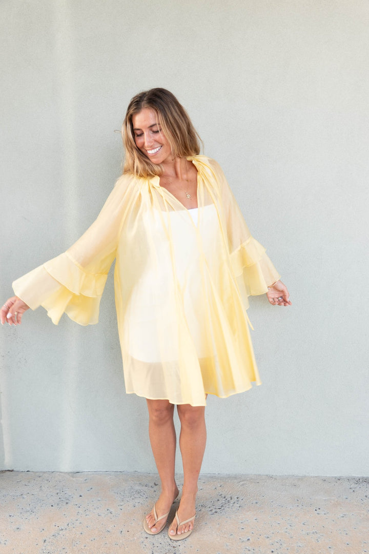 Kos Long Flutter Sleeve Mini Dress - Lemon - Jaffi's