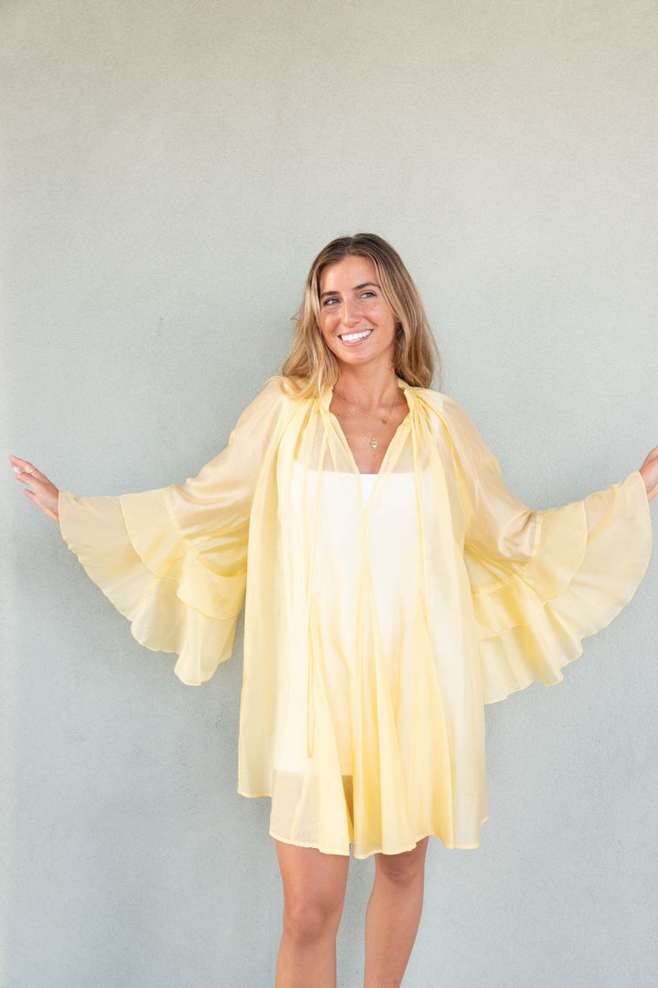 Kos Long Flutter Sleeve Mini Dress - Lemon - Jaffi's