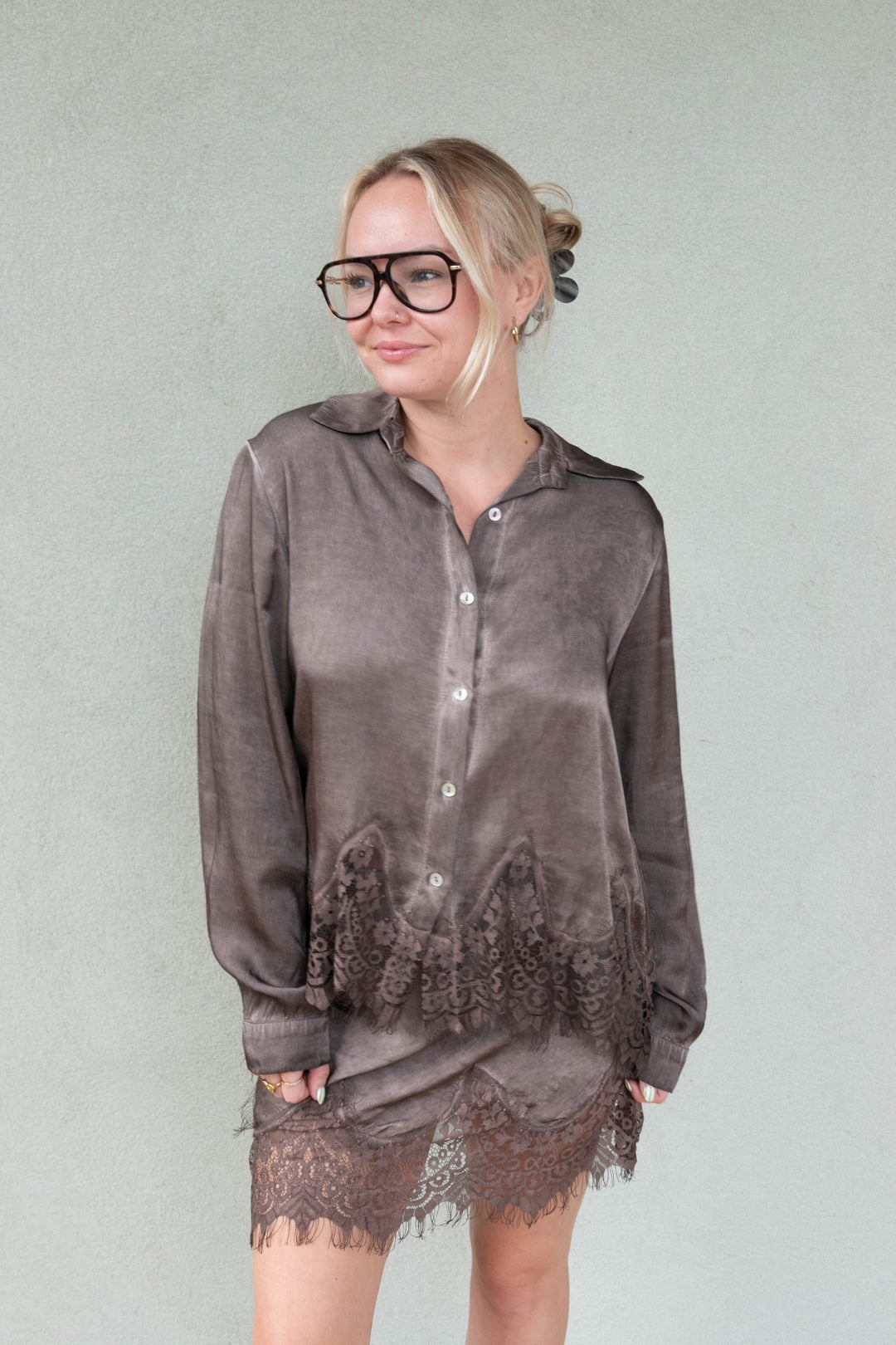 Lace Hem Long Sleeve Button Down - Chocolate Brown - Jaffi&
