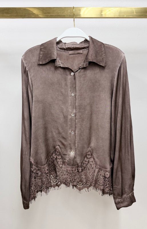 Lace Hem Long Sleeve Button Down - Chocolate Brown - Jaffi's