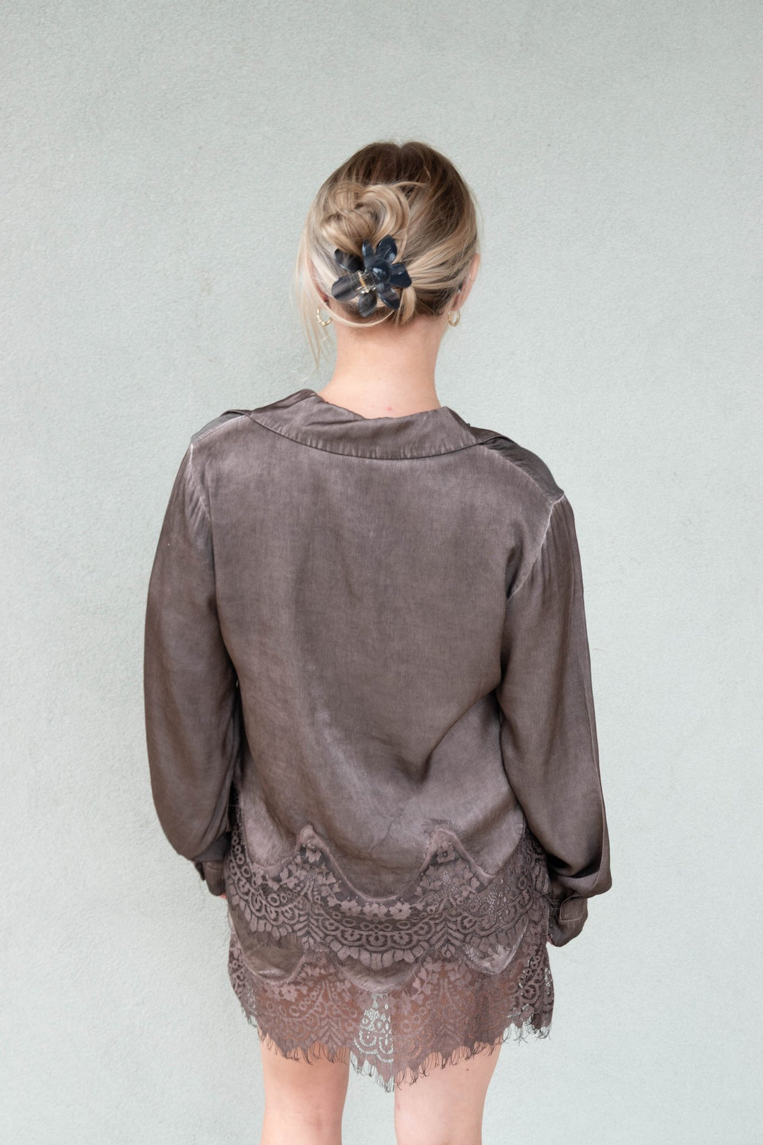 Lace Hem Long Sleeve Button Down - Chocolate Brown - Jaffi&